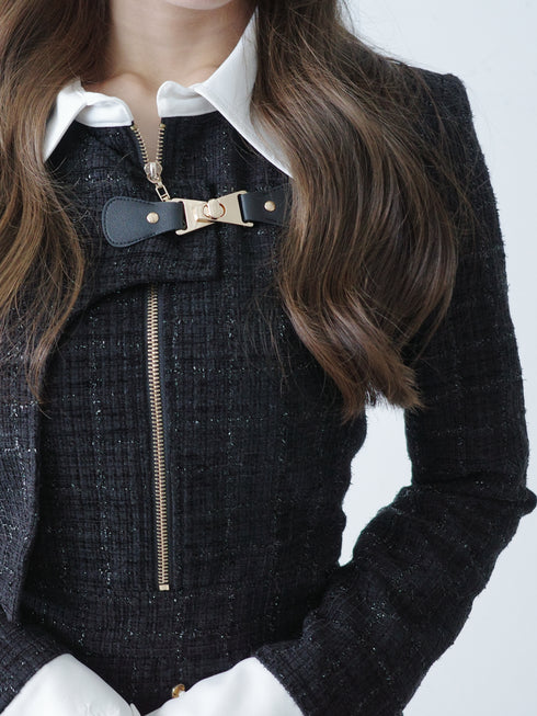 Asymmetry buckle tweed dress